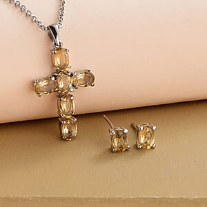 Brazilian Citrine Stud Earrings and Cross Pendant Necklace (20 Inches) in Stainless Steel 3.20 ctw , Tarnish-Free, Waterproof, Sweat Proof Jewelry