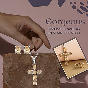 Brazilian Citrine Stud Earrings and Cross Pendant Necklace (20 Inches) in Stainless Steel 3.20 ctw , Tarnish-Free, Waterproof, Sweat Proof Jewelry