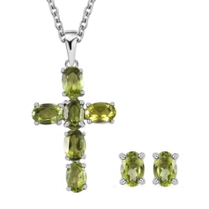 Peridot Stud Earrings and Cross Pendant Necklace (20 Inches) in Stainless Steel 3.60 ctw , Tarnish-Free, Waterproof, Sweat Proof Jewelry