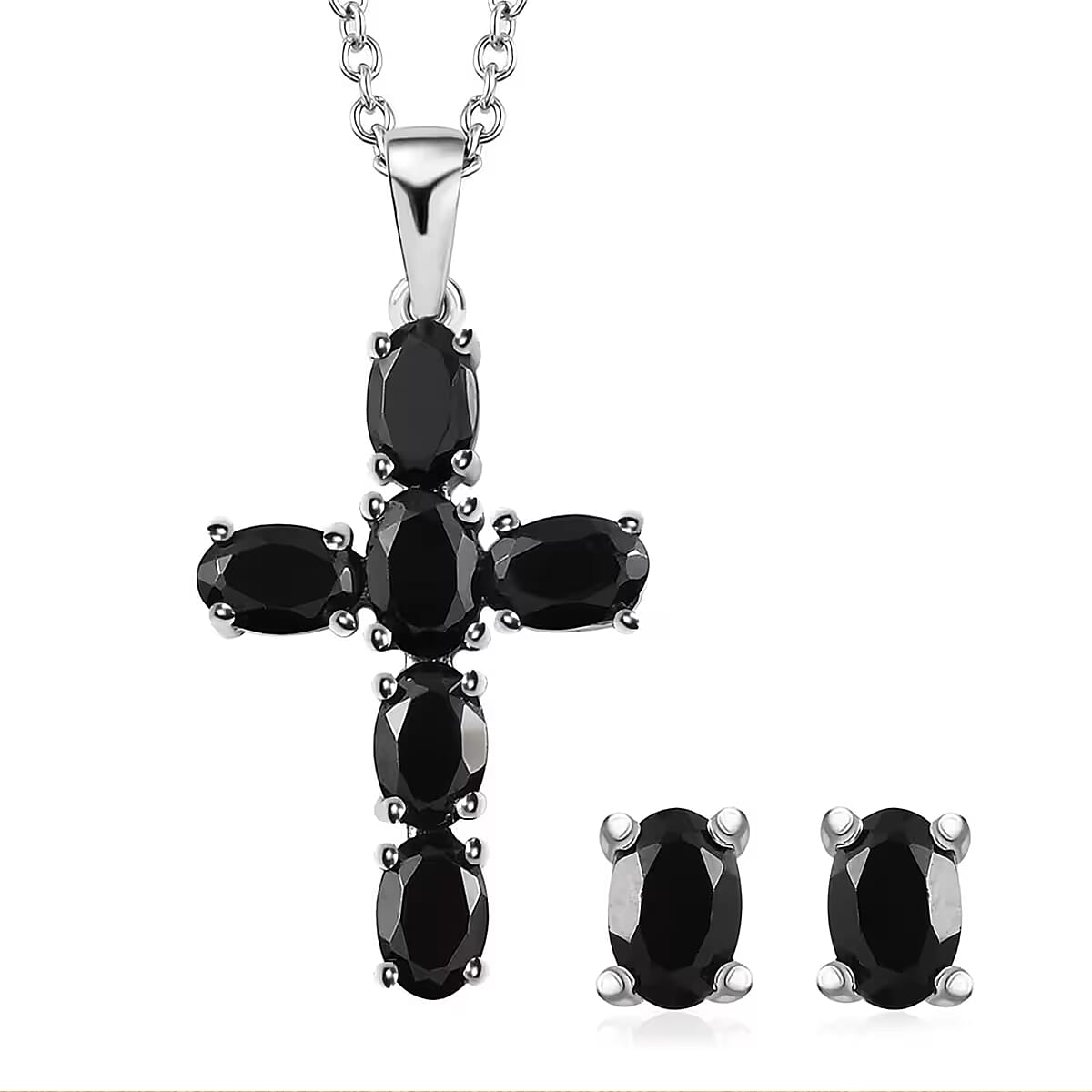 Thai Black Spinel Stud Earrings and Cross Pendant Necklace (20 Inches) in Stainless Steel 5.00 ctw , Tarnish-Free, Waterproof, Sweat Proof Jewelry image number 0