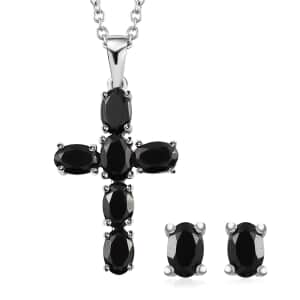 Thai Black Spinel Stud Earrings and Cross Pendant Necklace (20 Inches) in Stainless Steel 5.00 ctw , Tarnish-Free, Waterproof, Sweat Proof Jewelry
