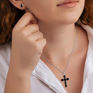 Thai Black Spinel 2.40 ctw Stud Earrings and Cross Pendant Necklace 20 Inches in Stainless Steel