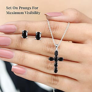 Thai Black Spinel 2.40 ctw Stud Earrings and Cross Pendant Necklace 20 Inches in Stainless Steel