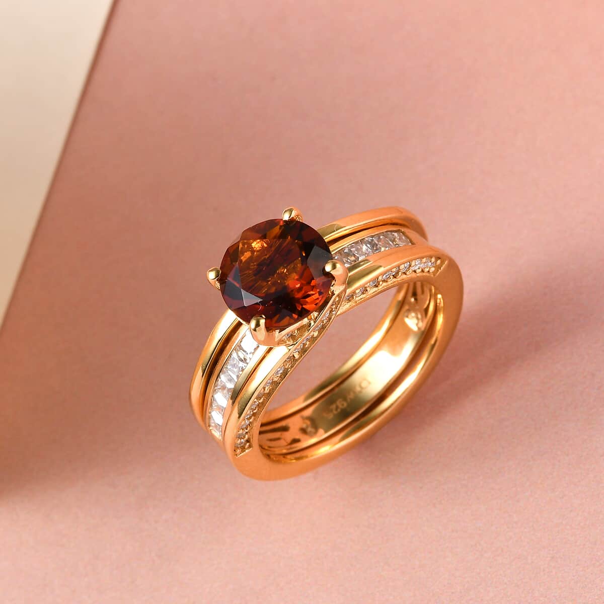 Brazilian Cherry Citrine and Moissanite VS-EF Set of 2 Band Ring in Vermeil Yellow Gold Over Sterling Silver 2.75 ctw image number 1