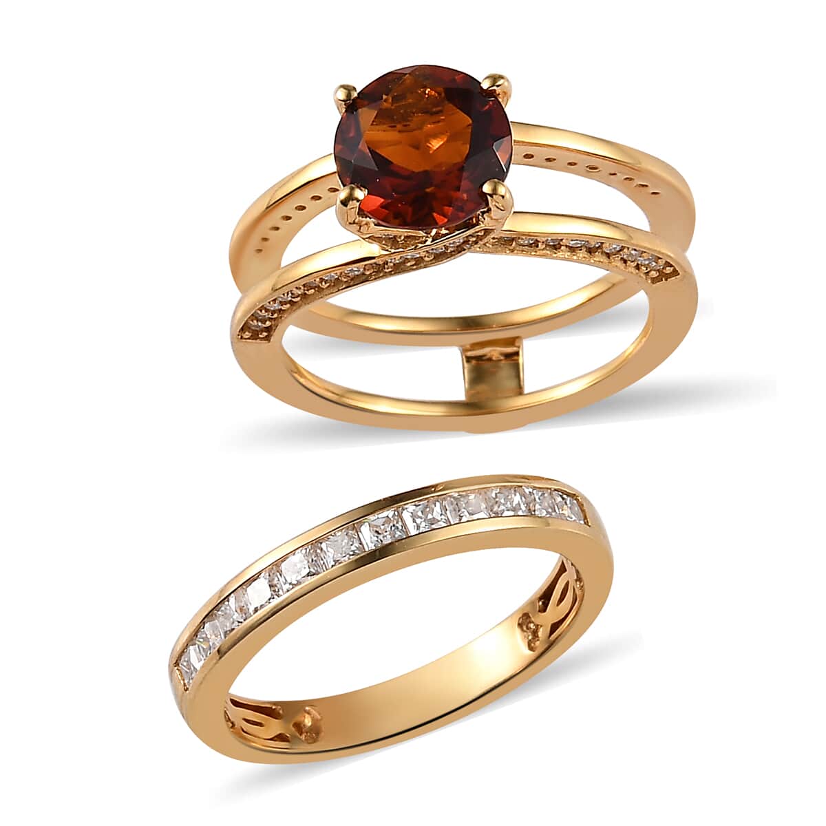 Brazilian Cherry Citrine and Moissanite VS-EF Set of 2 Band Ring in Vermeil Yellow Gold Over Sterling Silver 2.75 ctw image number 3