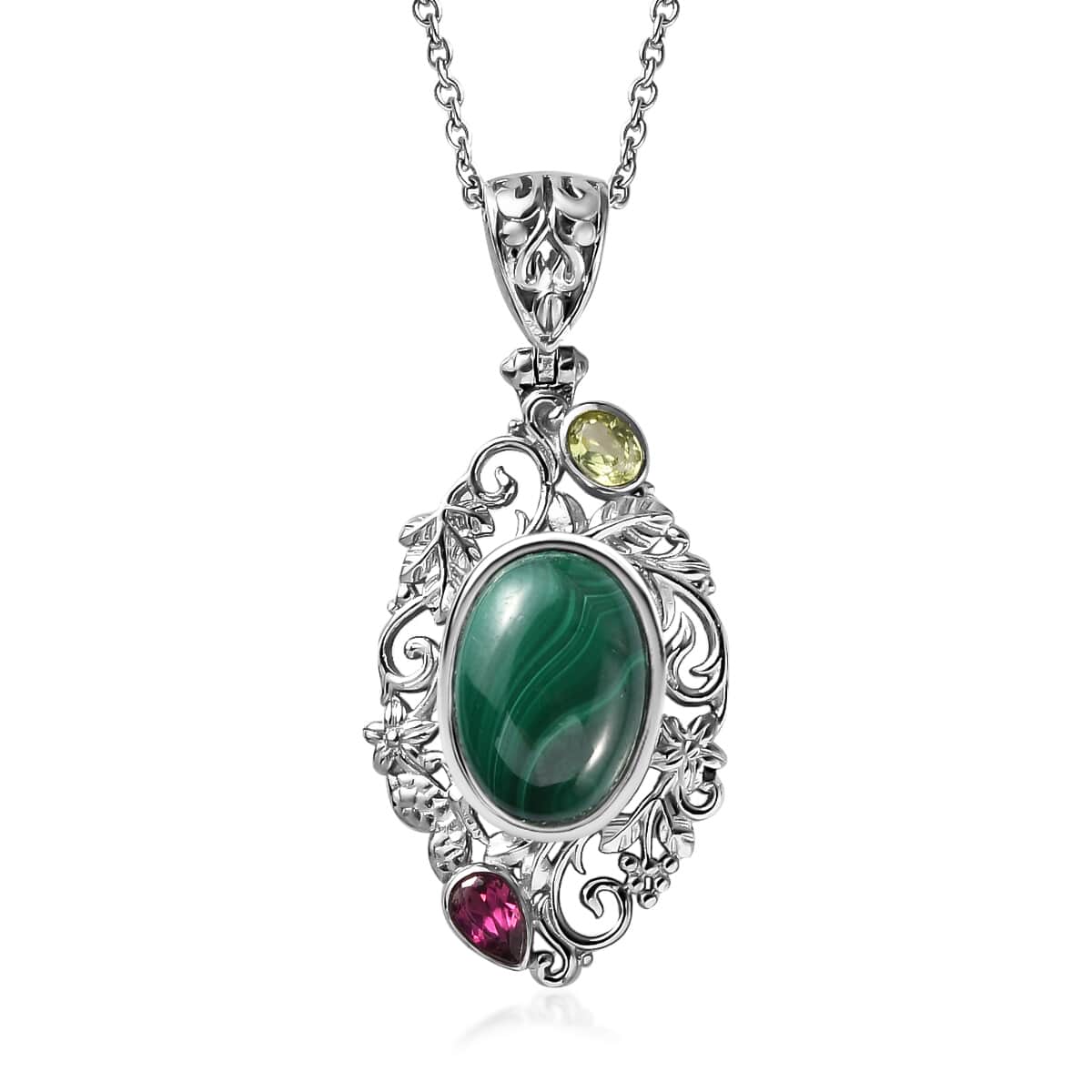 19th Oct One Time Only African Malachite, Orissa Rhodolite Garnet, Peridot Pendant Necklace (20 Inches) in Platinum Over Copper and Stainless Steel 8.00 ctw image number 0