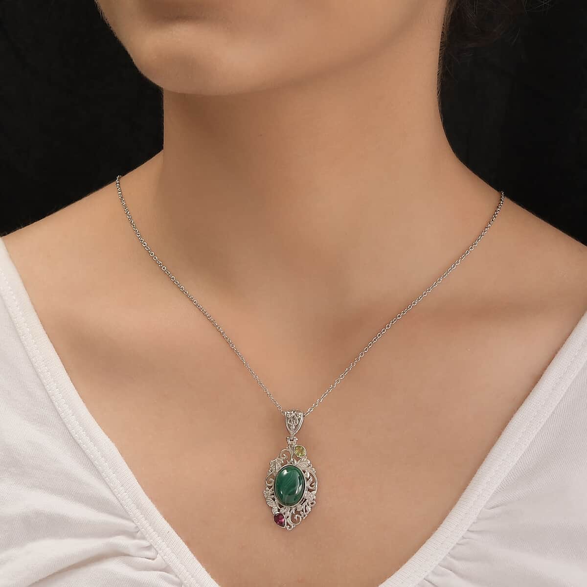 Artisan Crafted African Malachite and Multi Gemstone Pendant Necklace 20In in Platinum Over Copper with Magnet and Stainless Steel 8.00 ctw image number 2