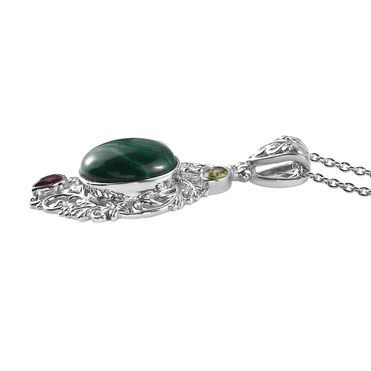 19th Oct One Time Only African Malachite, Orissa Rhodolite Garnet, Peridot Pendant Necklace (20 Inches) in Platinum Over Copper and Stainless Steel 8.00 ctw image number 3