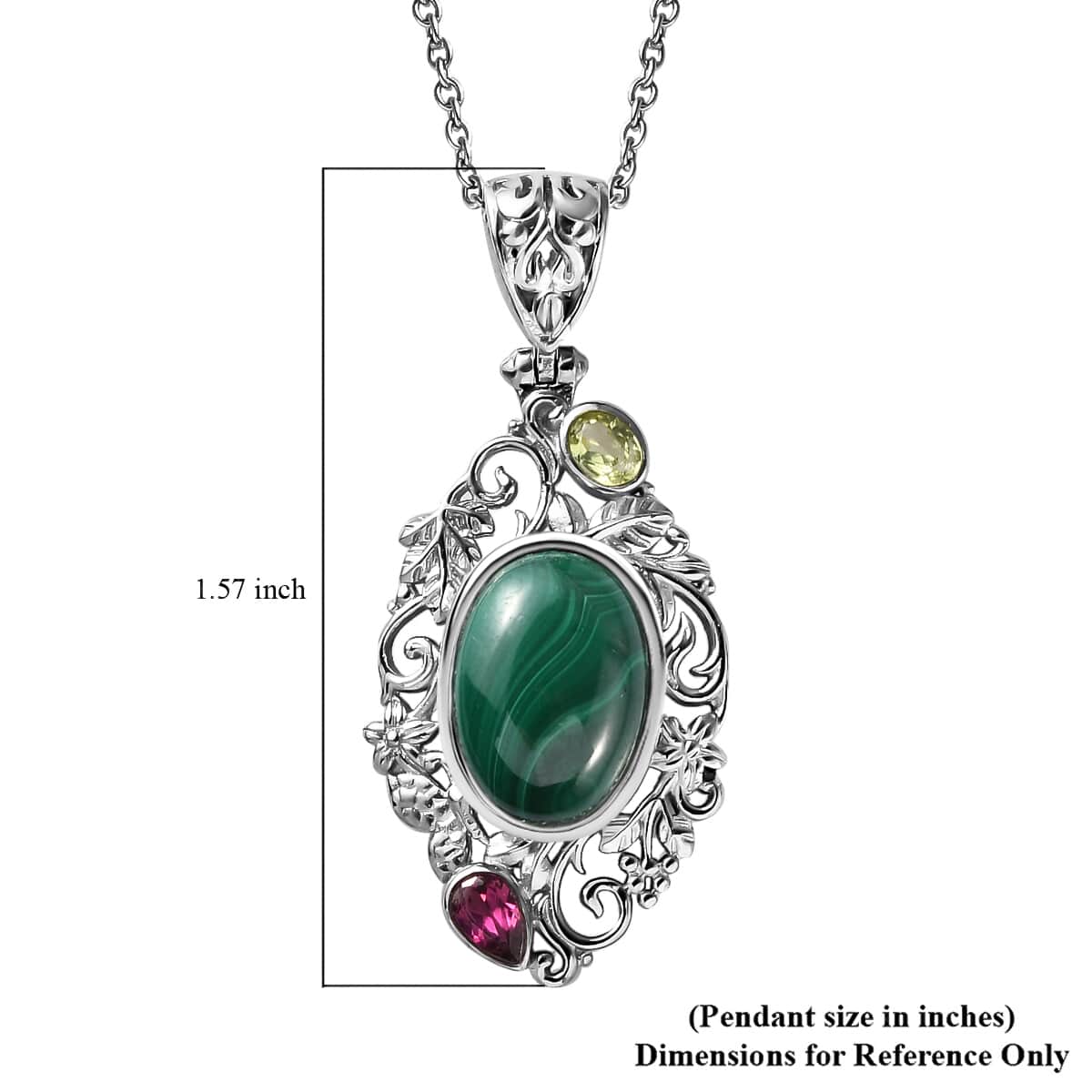 19th Oct One Time Only African Malachite, Orissa Rhodolite Garnet, Peridot Pendant Necklace (20 Inches) in Platinum Over Copper and Stainless Steel 8.00 ctw image number 6