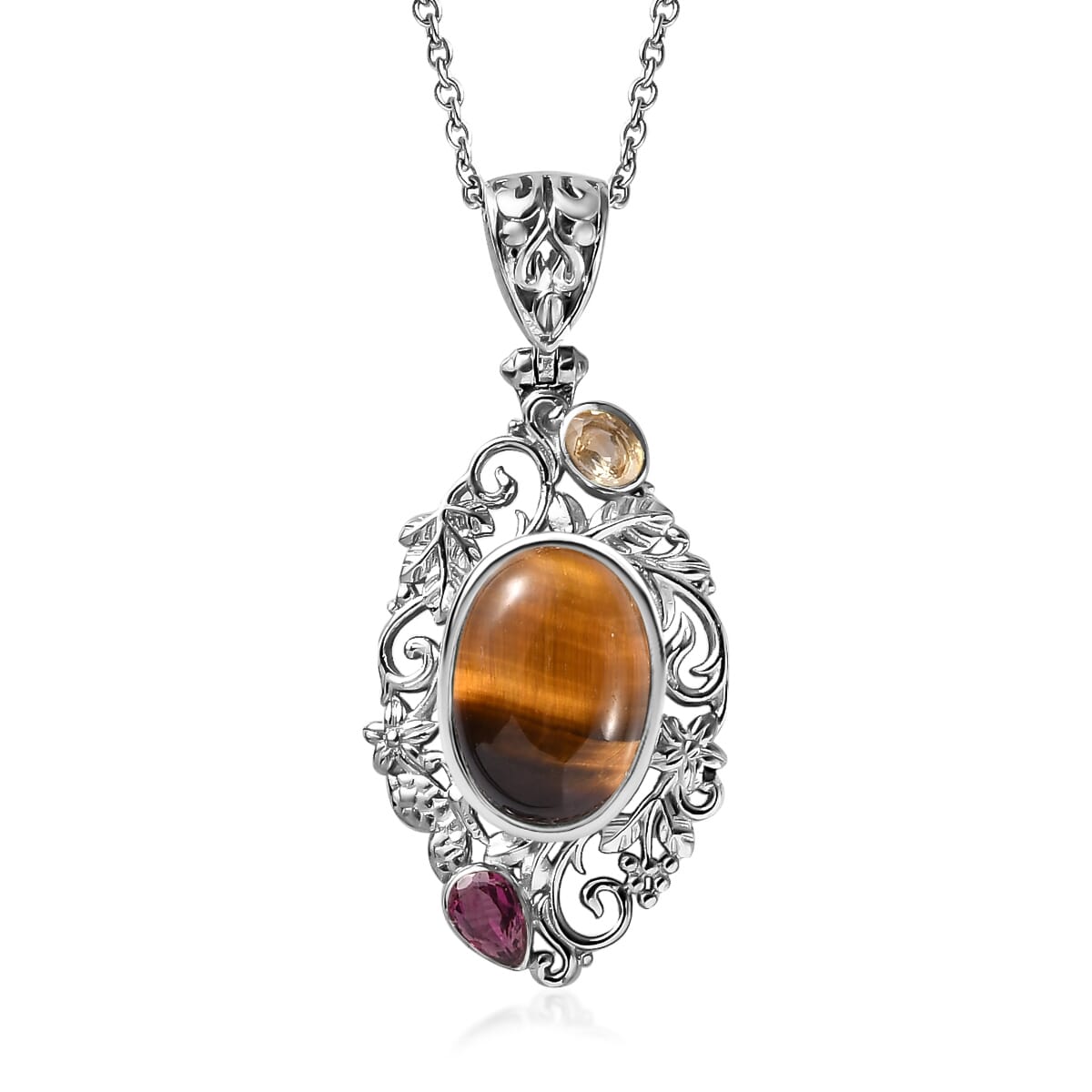 Artisan Crafted Tiger's Eye, Multi Gemstone Pendant Necklace (20 Inches) in Platinum Over Copper with Magnet and Stainless Steel 7.00 ctw , Tarnish-Free, Waterproof, Sweat Proof Jewelry image number 0