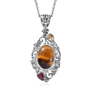 Artisan Crafted Tiger's Eye, Multi Gemstone Pendant Necklace (20 Inches) in Platinum Over Copper with Magnet and Stainless Steel 7.00 ctw , Tarnish-Free, Waterproof, Sweat Proof Jewelry