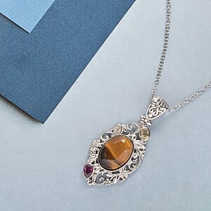 Artisan Crafted Tiger's Eye, Multi Gemstone Pendant Necklace (20 Inches) in Platinum Over Copper with Magnet and Stainless Steel 7.00 ctw , Tarnish-Free, Waterproof, Sweat Proof Jewelry