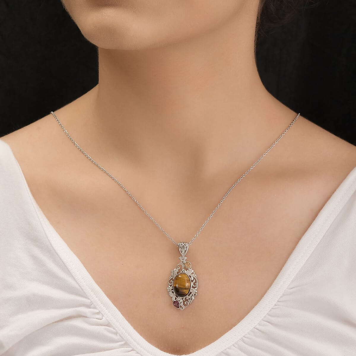 Artisan Crafted Tiger's Eye, Multi Gemstone Pendant Necklace (20 Inches) in Platinum Over Copper with Magnet and Stainless Steel 7.00 ctw , Tarnish-Free, Waterproof, Sweat Proof Jewelry image number 2