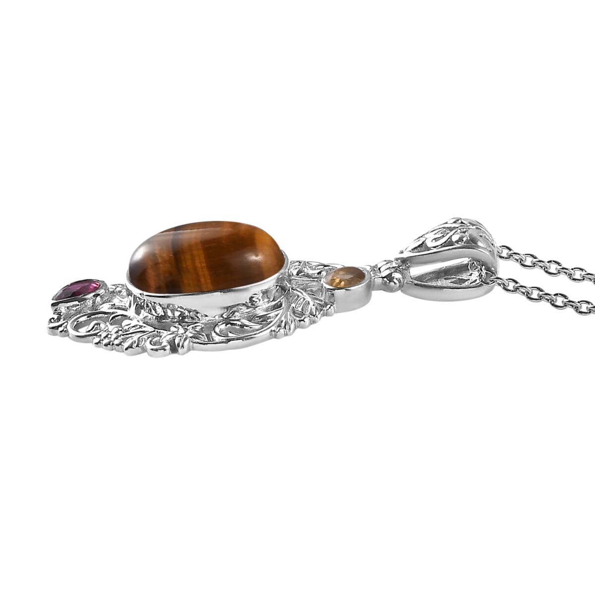 Artisan Crafted Tiger's Eye, Multi Gemstone Pendant Necklace (20 Inches) in Platinum Over Copper with Magnet and Stainless Steel 7.00 ctw , Tarnish-Free, Waterproof, Sweat Proof Jewelry image number 3