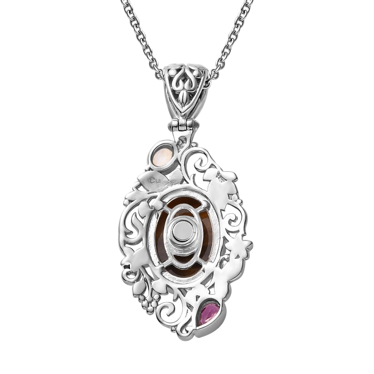 Artisan Crafted Tiger's Eye, Multi Gemstone Pendant Necklace (20 Inches) in Platinum Over Copper with Magnet and Stainless Steel 7.00 ctw , Tarnish-Free, Waterproof, Sweat Proof Jewelry image number 4