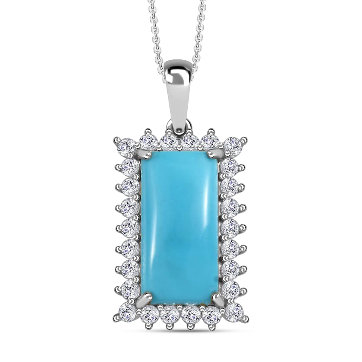 Premium American Natural Sleeping Beauty Turquoise and Moissanite Elongated Pendant Necklace 20 Inches in Platinum Over Sterling Silver 5.15 ctw image number 0