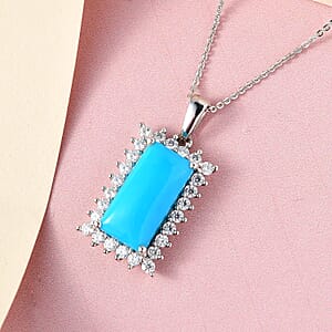 Premium Sleeping Beauty Turquoise and Moissanite 5.15 ctw Elongated Pendant Necklace in Platinum Over Sterling Silver 20 Inches