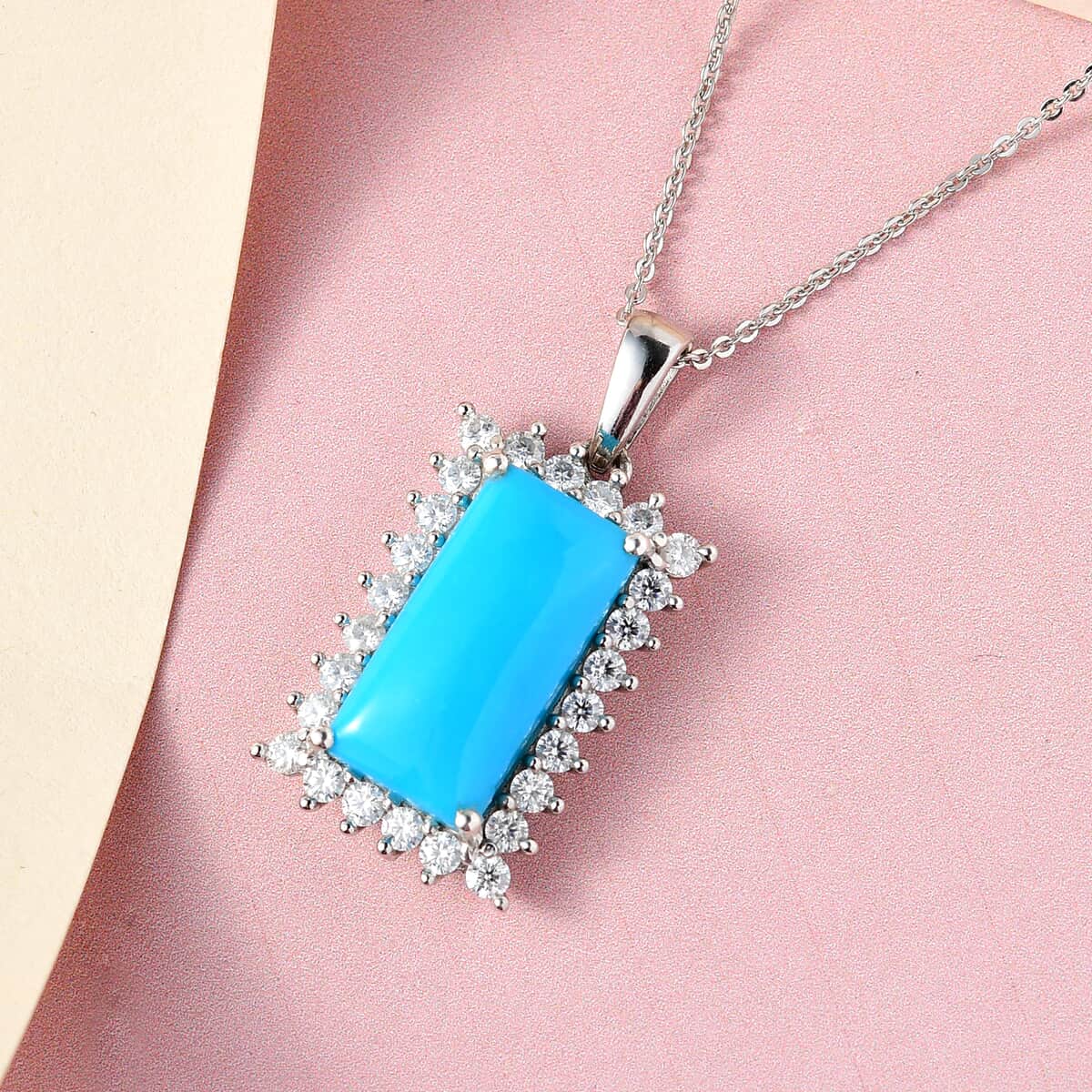 Premium American Natural Sleeping Beauty Turquoise and Moissanite Elongated Pendant Necklace 20 Inches in Platinum Over Sterling Silver 5.15 ctw image number 1
