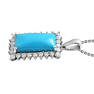Premium Sleeping Beauty Turquoise and Moissanite 5.15 ctw Elongated Pendant Necklace in Platinum Over Sterling Silver 20 Inches