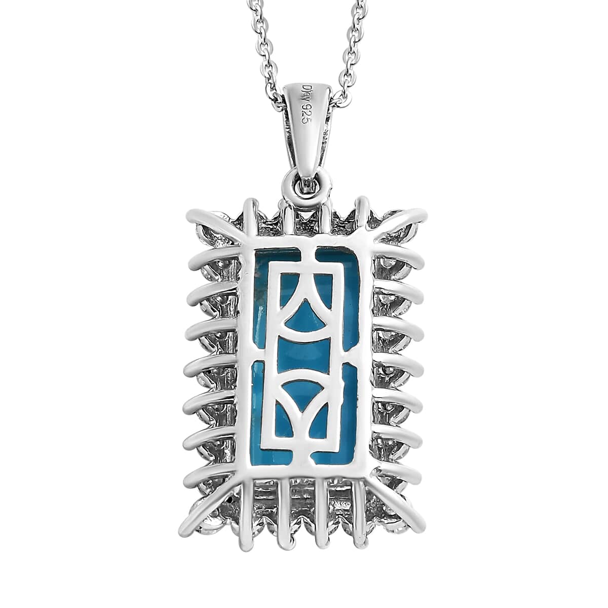 Premium American Natural Sleeping Beauty Turquoise and Moissanite Elongated Pendant Necklace 20 Inches in Platinum Over Sterling Silver 5.15 ctw image number 4