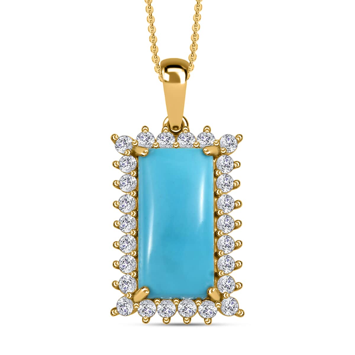 Premium Sleeping Beauty Turquoise and Moissanite Elongated Pendant Necklace 20 Inches in Vermeil Yellow Gold Over Sterling Silver 5.15 ctw image number 0