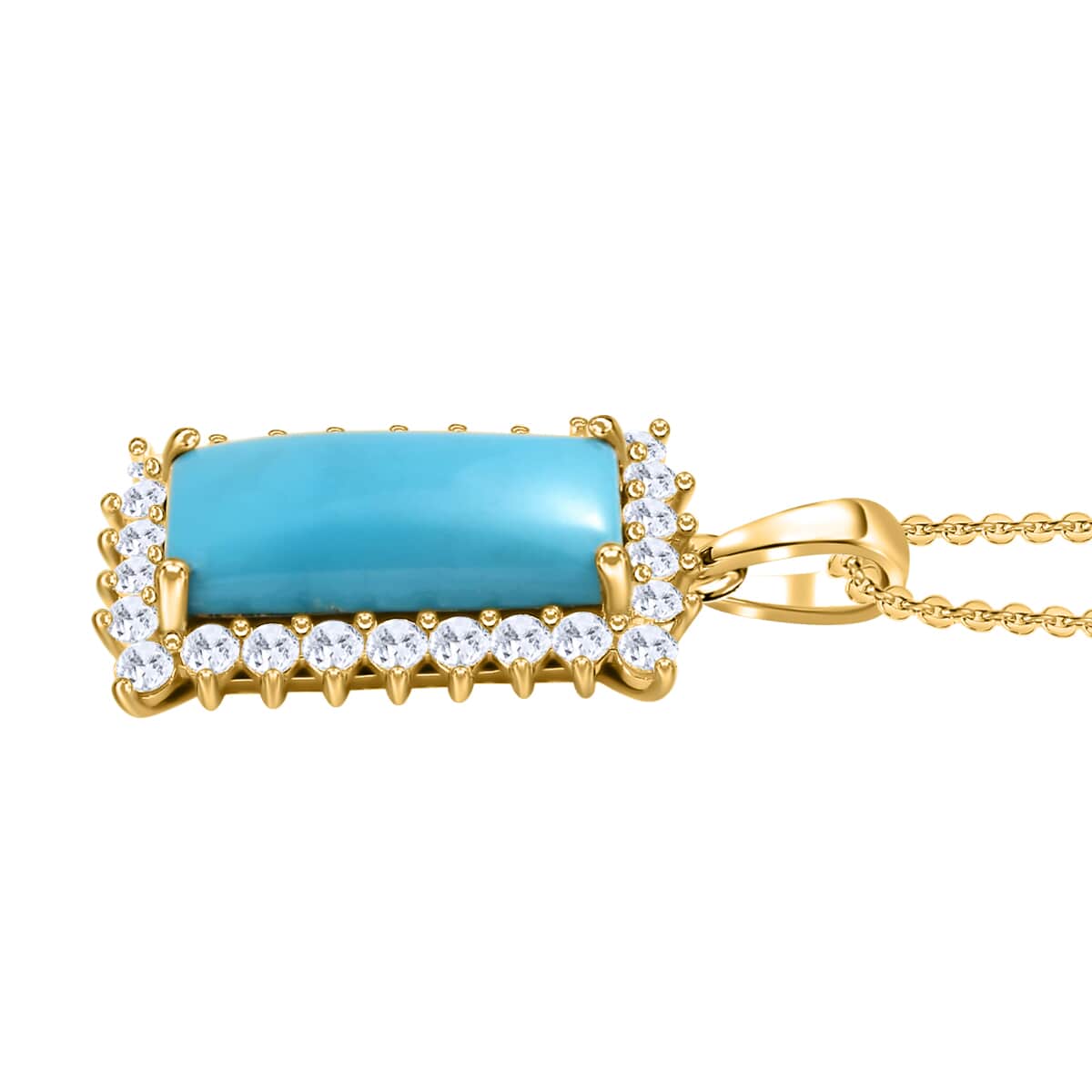 Premium Sleeping Beauty Turquoise and Moissanite Elongated Pendant Necklace 20 Inches in Vermeil Yellow Gold Over Sterling Silver 5.15 ctw image number 3