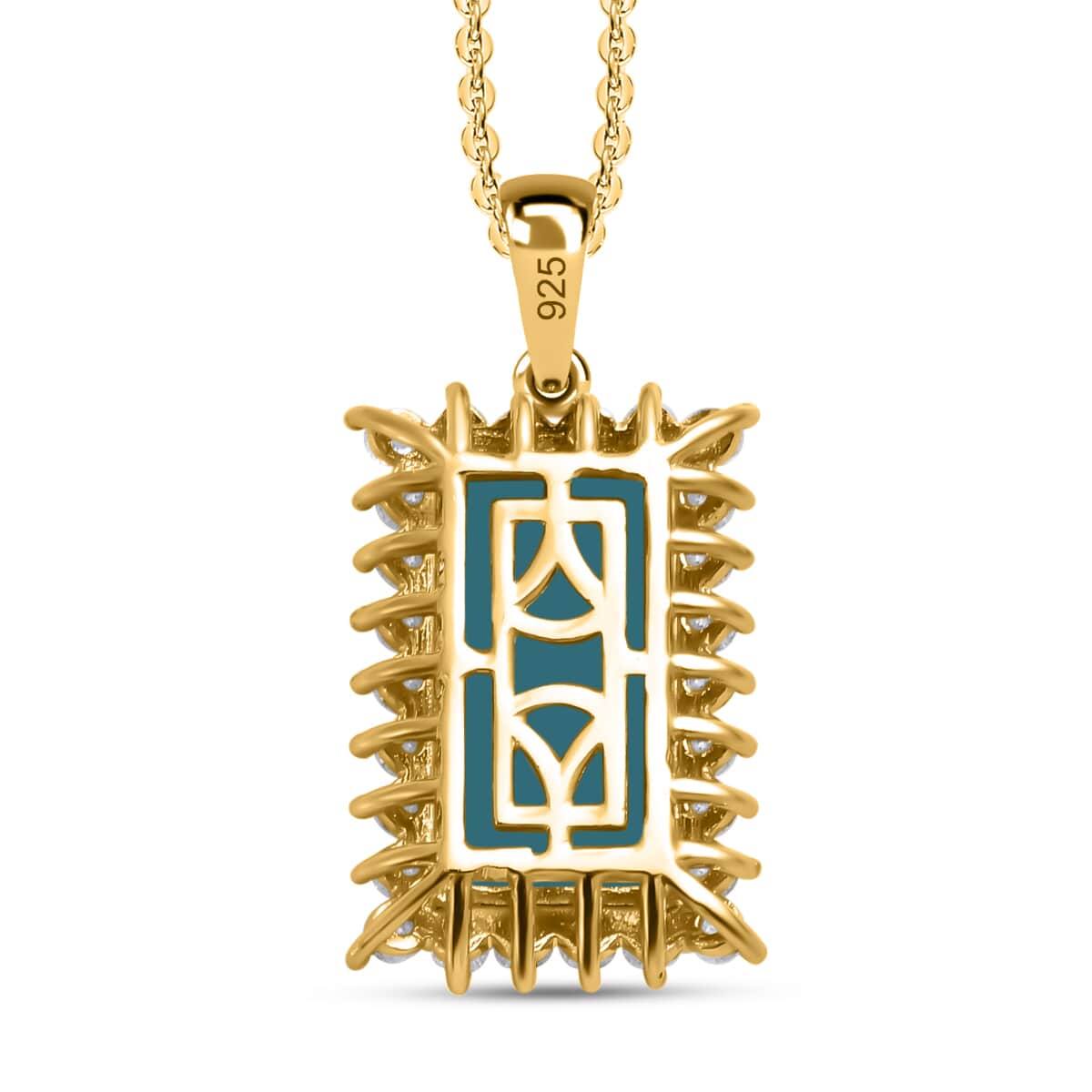 Premium Sleeping Beauty Turquoise and Moissanite Elongated Pendant Necklace 20 Inches in Vermeil Yellow Gold Over Sterling Silver 5.15 ctw image number 4