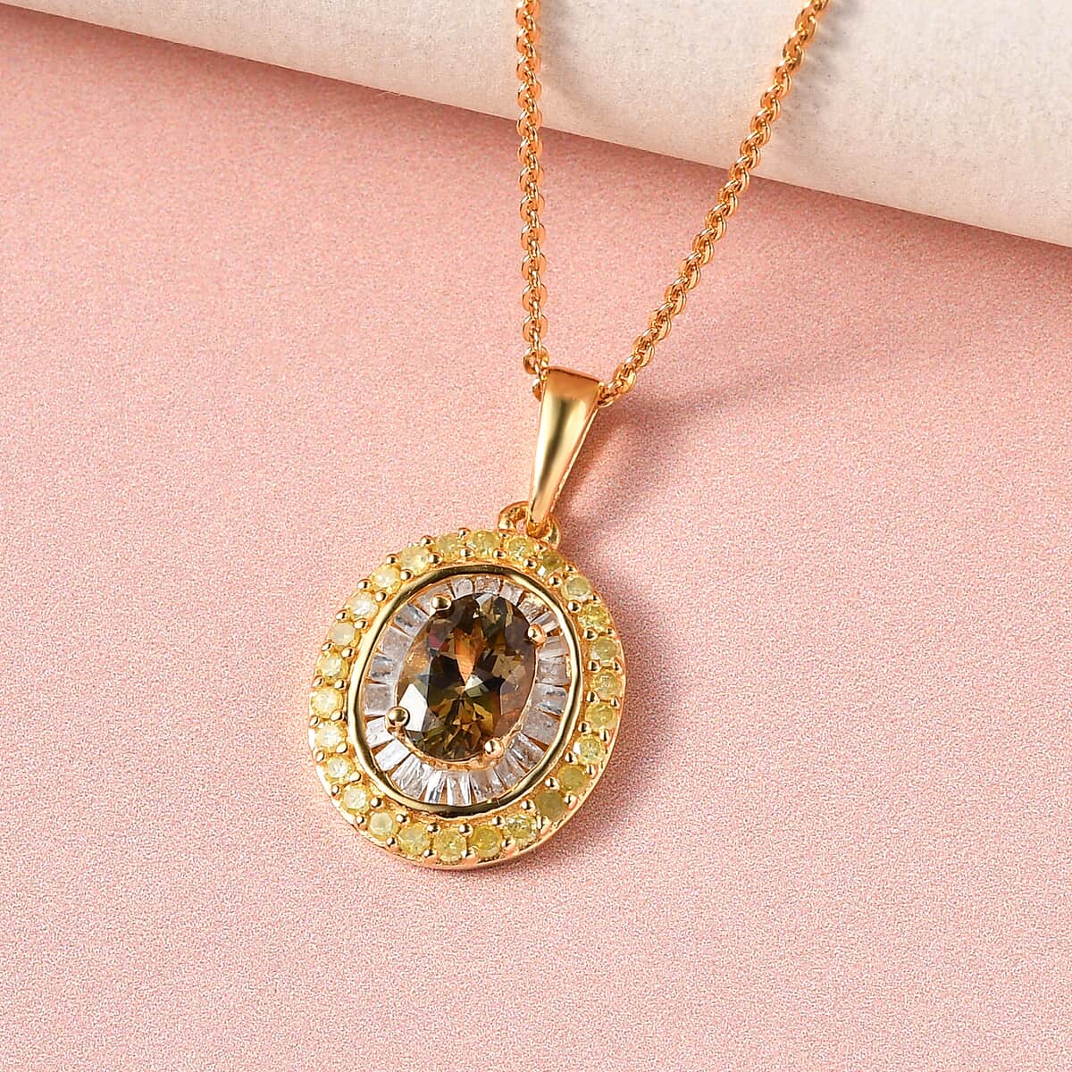 Natural Golden Tanzanite, Natural Yellow and White Diamond Double Halo Pendant Necklace 20 Inches in Vermeil Yellow Gold Over Sterling Silver 1.30 ctw image number 1