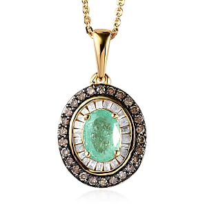 Ethiopian Emerald, Natural Champagne and White Diamond Double Halo Pendant Necklace 20 Inches in Vermeil Yellow Gold Over Sterling Silver 1.15 ctw