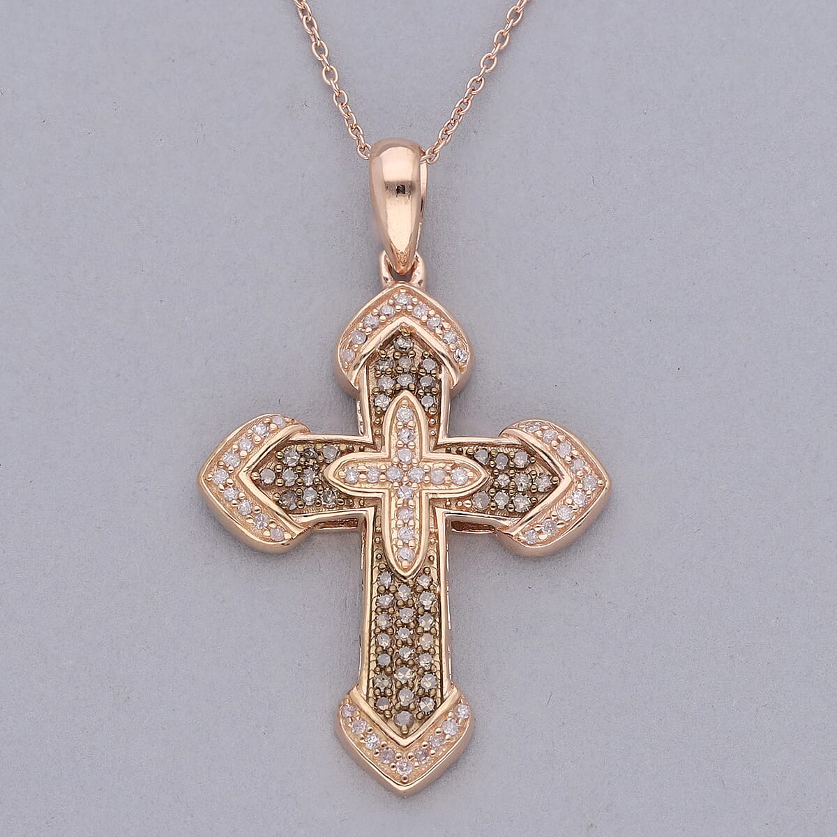 Natural Pink and Champagne Diamond I3 Cross Pendant Necklace 18 Inches in Vermeil Rose Gold Over Sterling Silver 0.50 ctw image number 1