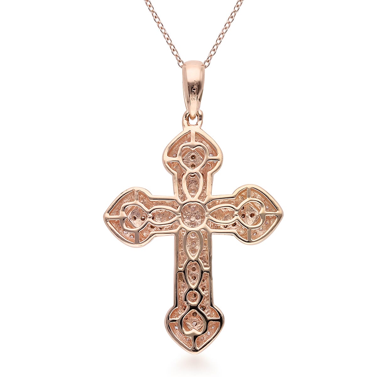 Natural Pink and Champagne Diamond I3 Cross Pendant Necklace 18 Inches in Vermeil Rose Gold Over Sterling Silver 0.50 ctw image number 4