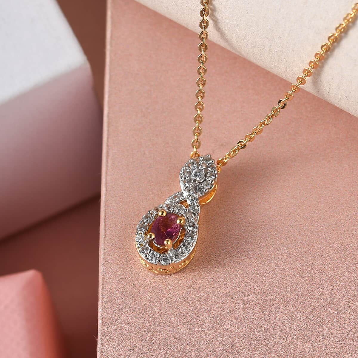 Premium Ouro Fino Rubellite and Natural White Zircon Infinity Pendant Necklace 20 Inches in Vermeil Yellow Gold Over Sterling Silver 0.40 ctw image number 1