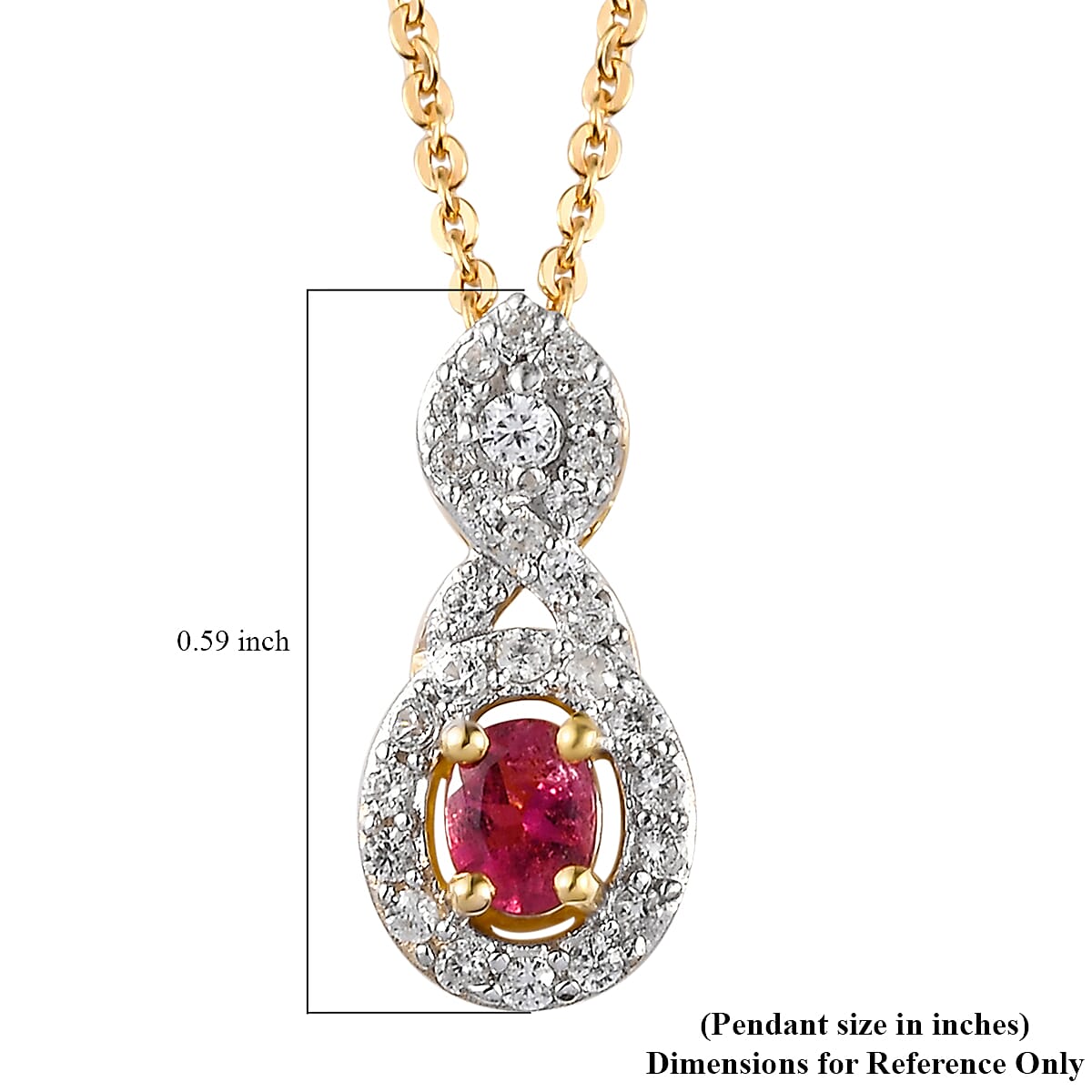 Premium Ouro Fino Rubellite and Natural White Zircon Infinity Pendant Necklace 20 Inches in Vermeil Yellow Gold Over Sterling Silver 0.40 ctw