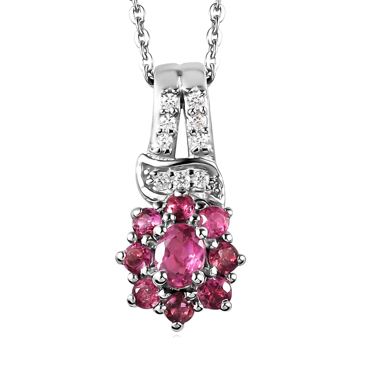 Premium Ouro Fino Rubellite and Natural White Zircon Floral Pendant Necklace 20 Inches in Platinum Over Sterling Silver 0.60 ctw image number 0