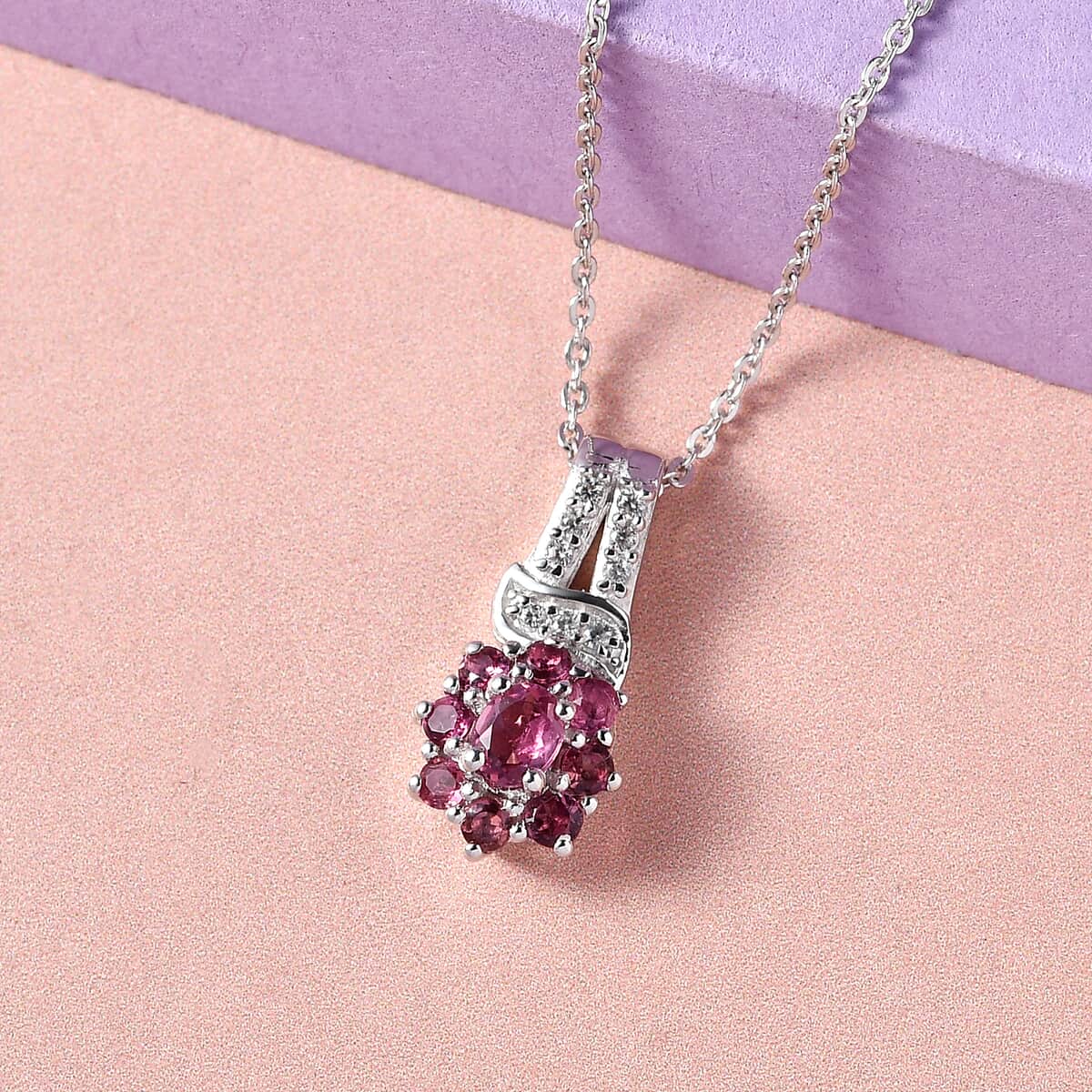 Premium Ouro Fino Rubellite and Natural White Zircon Floral Pendant Necklace 20 Inches in Platinum Over Sterling Silver 0.60 ctw image number 1