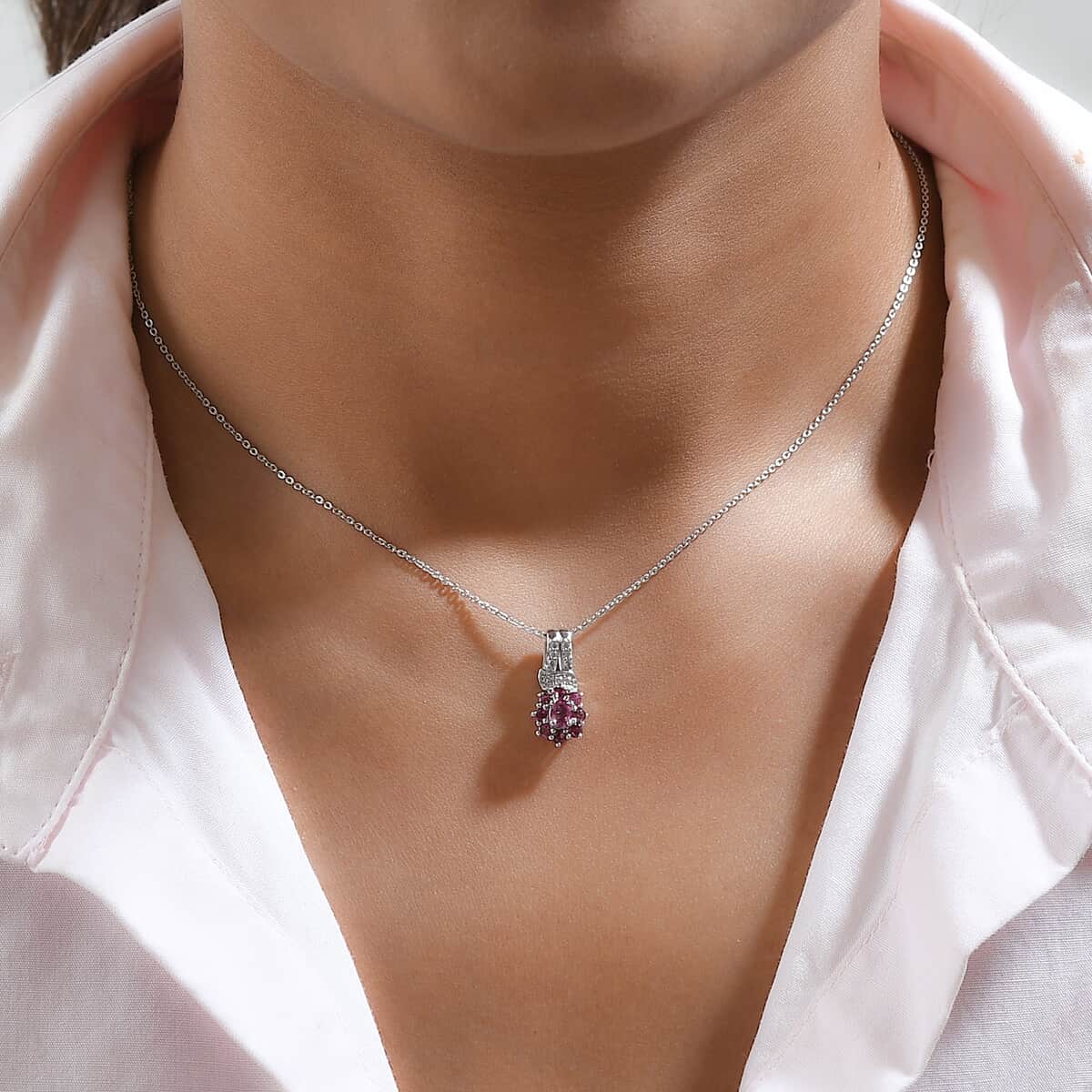 Premium Ouro Fino Rubellite and Natural White Zircon Floral Pendant Necklace 20 Inches in Platinum Over Sterling Silver 0.60 ctw image number 2