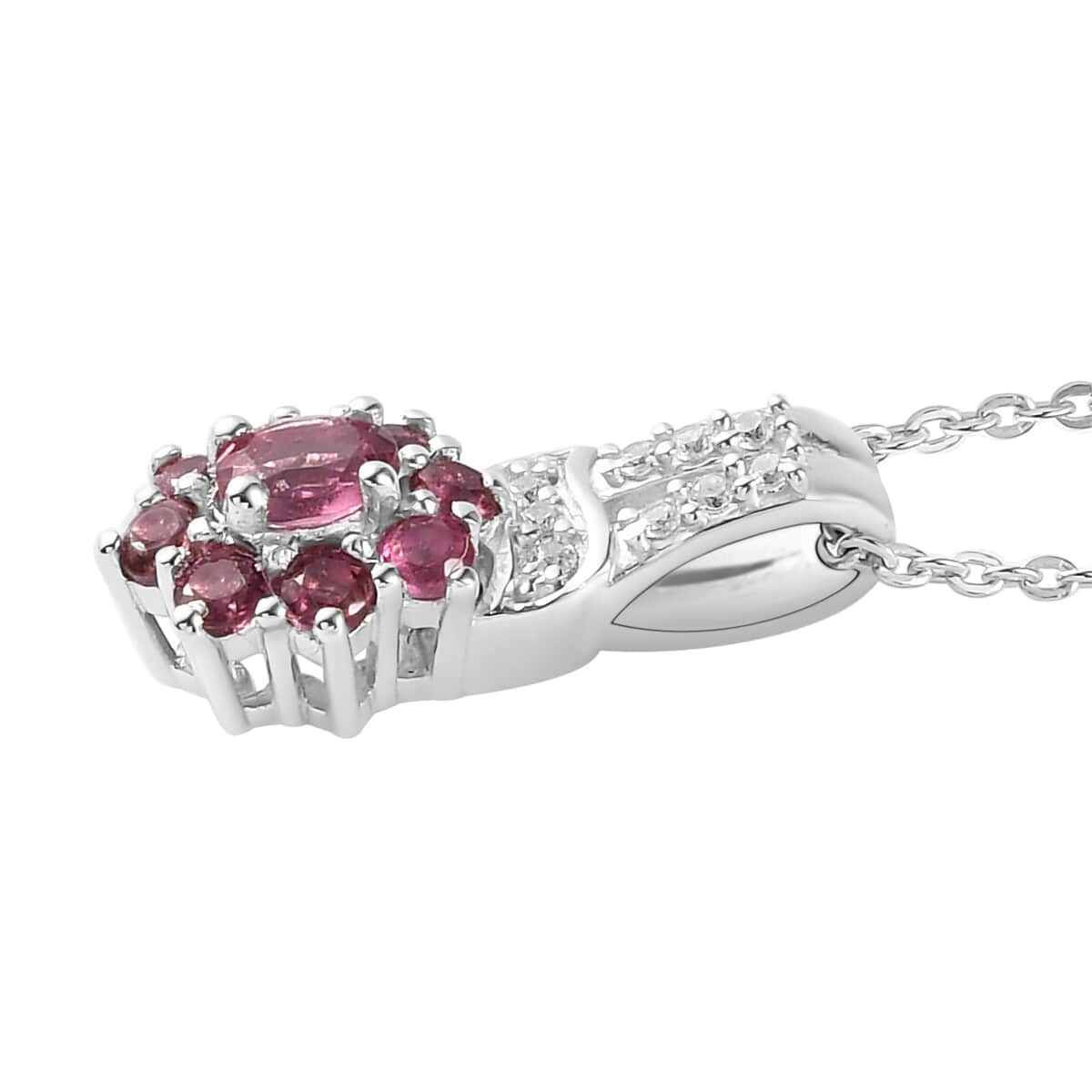 Premium Ouro Fino Rubellite and Natural White Zircon Floral Pendant Necklace 20 Inches in Platinum Over Sterling Silver 0.60 ctw image number 3