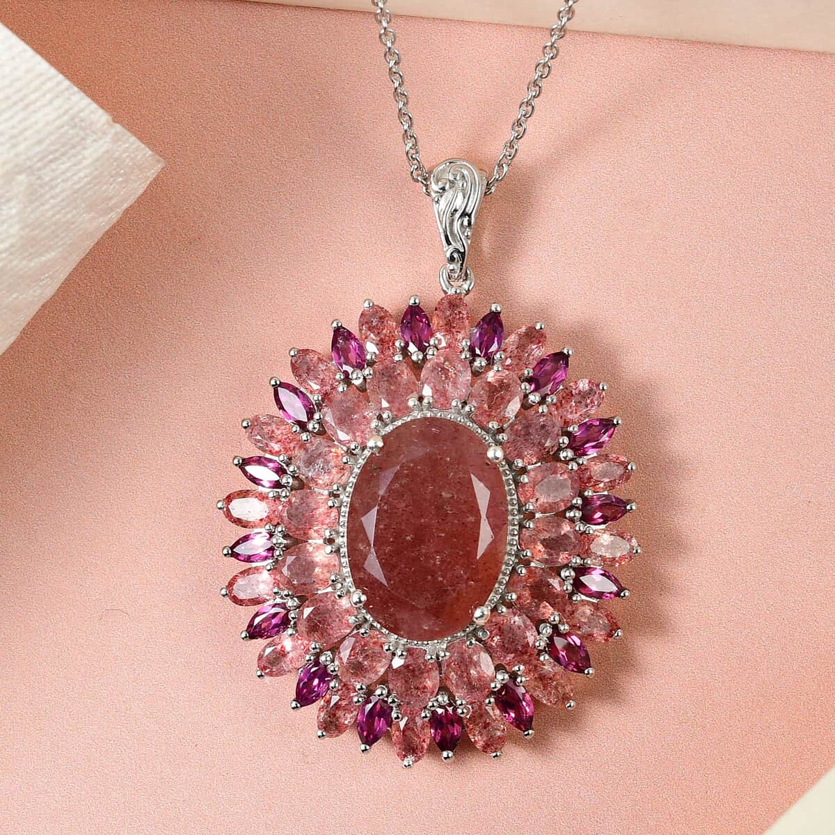 Tanzanian Natronite and Rhodolite Garnet Cocktail Pendant Necklace 20 Inches in Platinum Over Sterling Silver 22.55 ctw image number 1