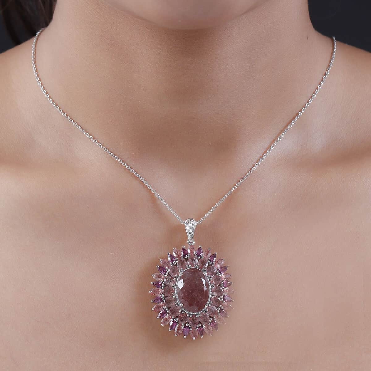 Tanzanian Natronite and Rhodolite Garnet Cocktail Pendant Necklace 20 Inches in Platinum Over Sterling Silver 22.55 ctw image number 2