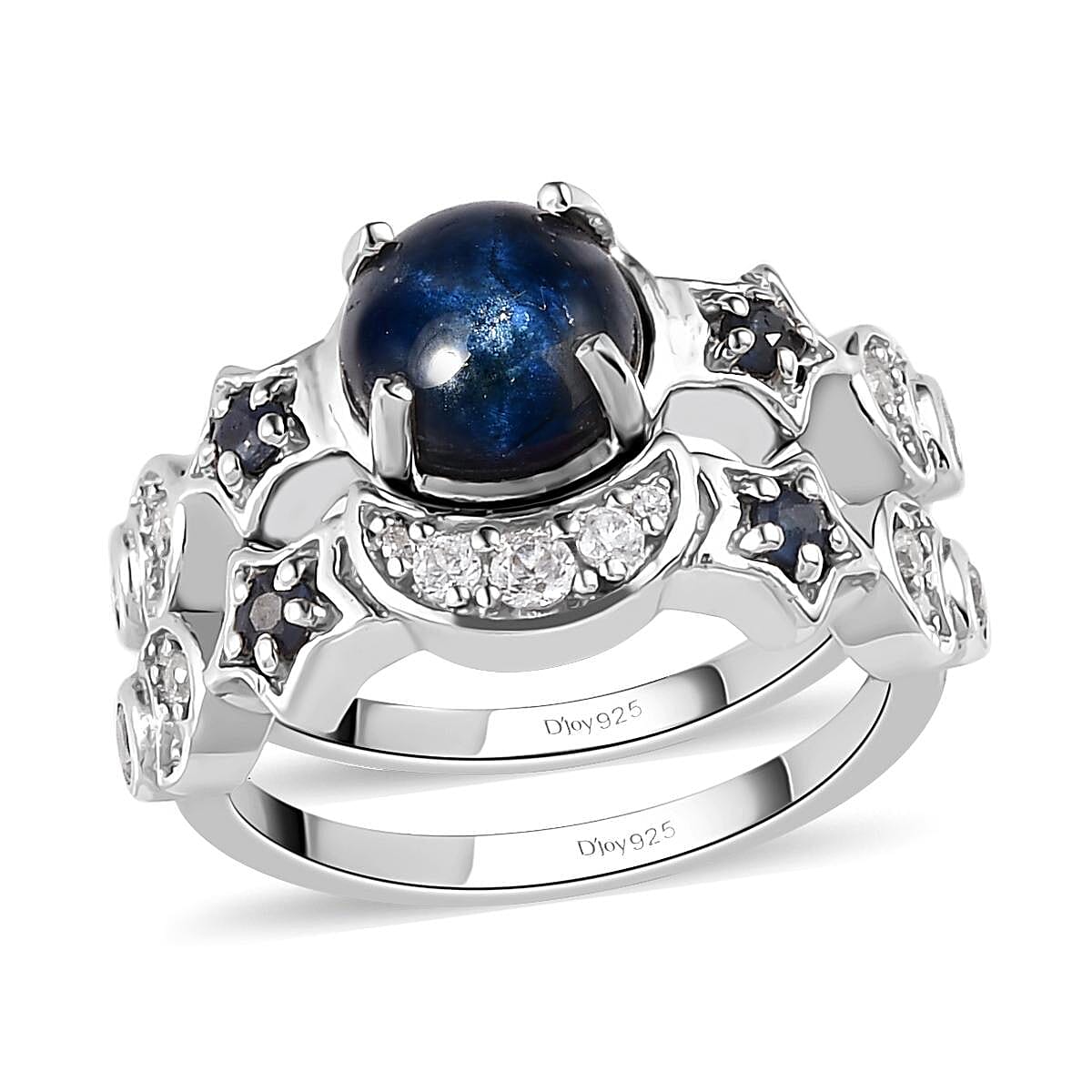 Blue Star Sapphire (DF) and Multi Gemstone Set of 2 Stackable Ring in Platinum Over Sterling Silver (Size 5) 2.85 ctw