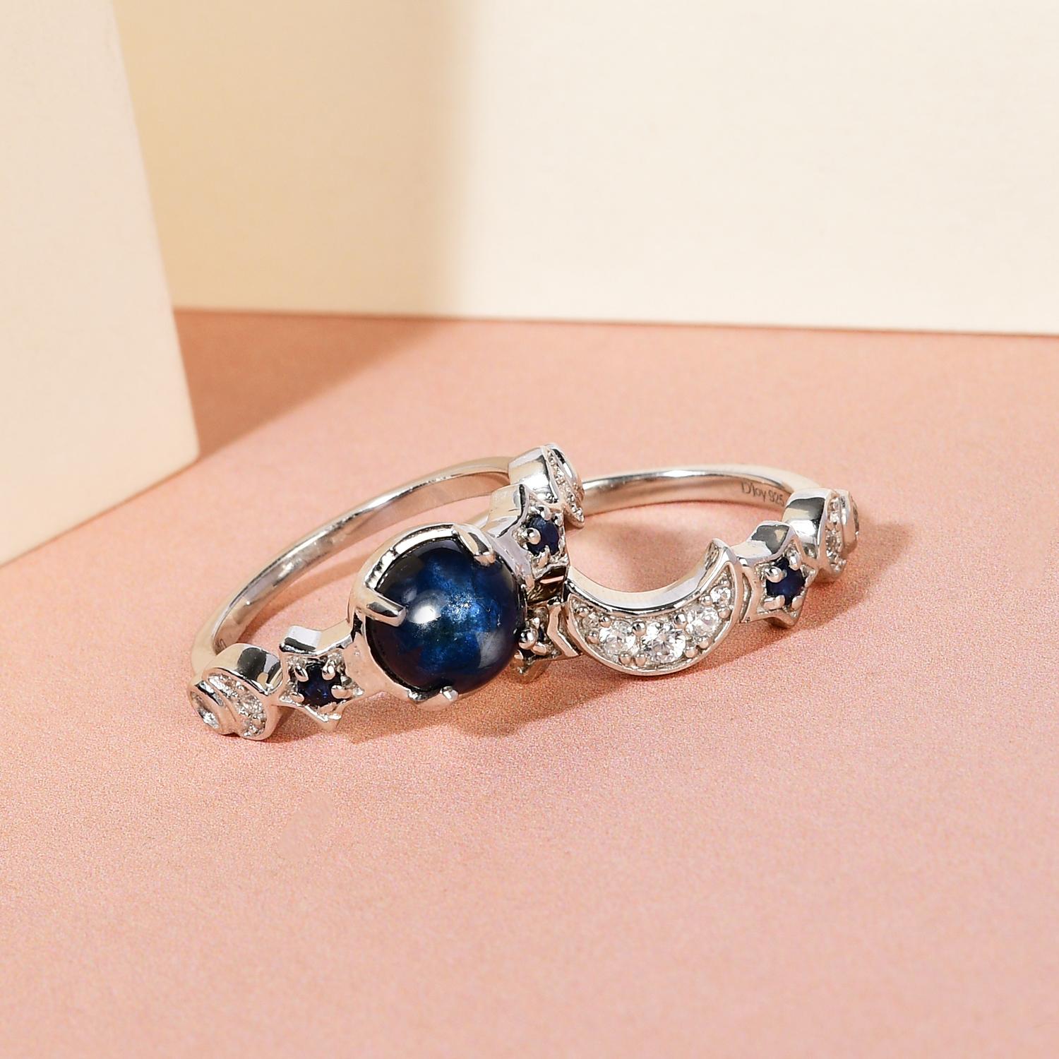 Blue Star Sapphire (DF) and Multi Gemstone Set of 2 Stackable Ring in Platinum Over Sterling Silver (Size 5) 2.85 ctw