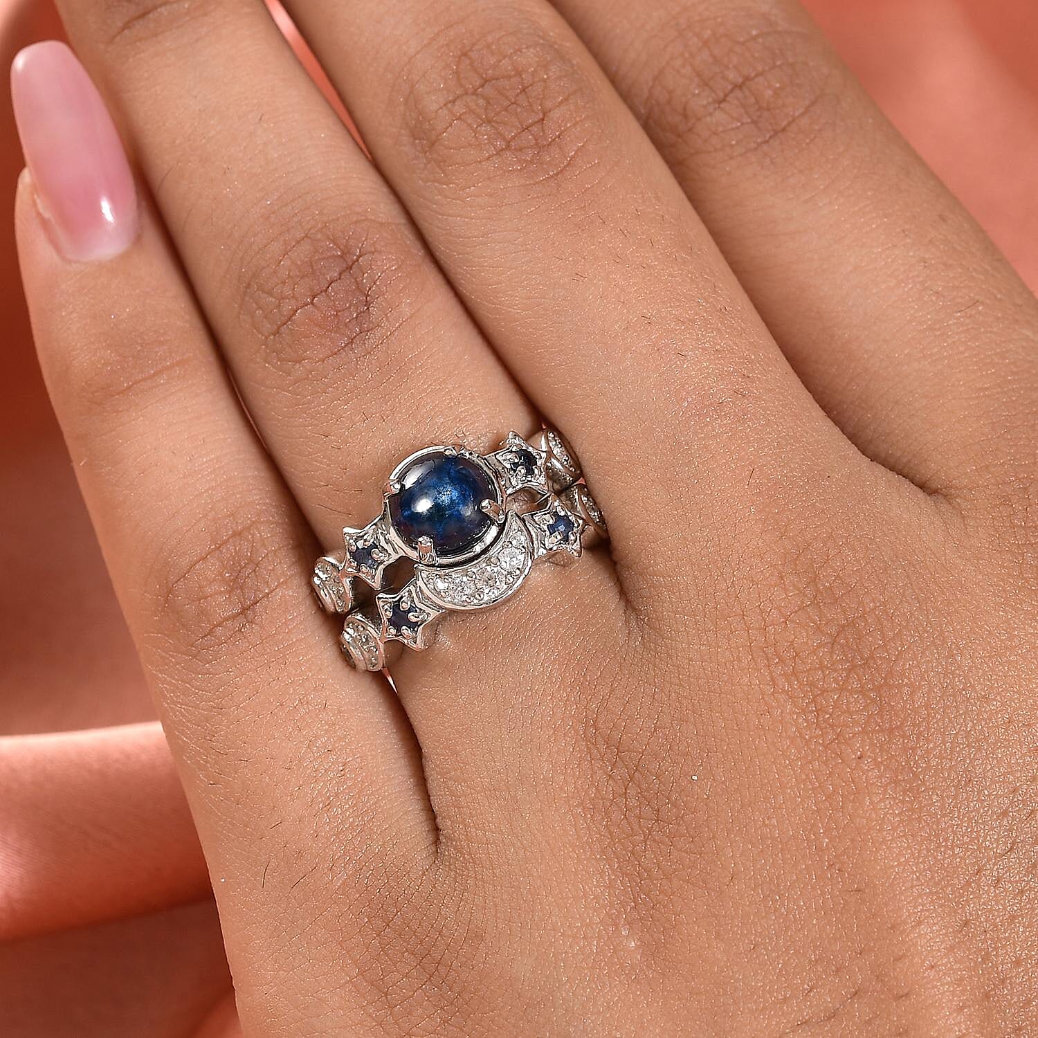 Blue Star Sapphire (DF) and Multi Gemstone Set of 2 Stackable Ring in Platinum Over Sterling Silver (Size 5) 2.85 ctw