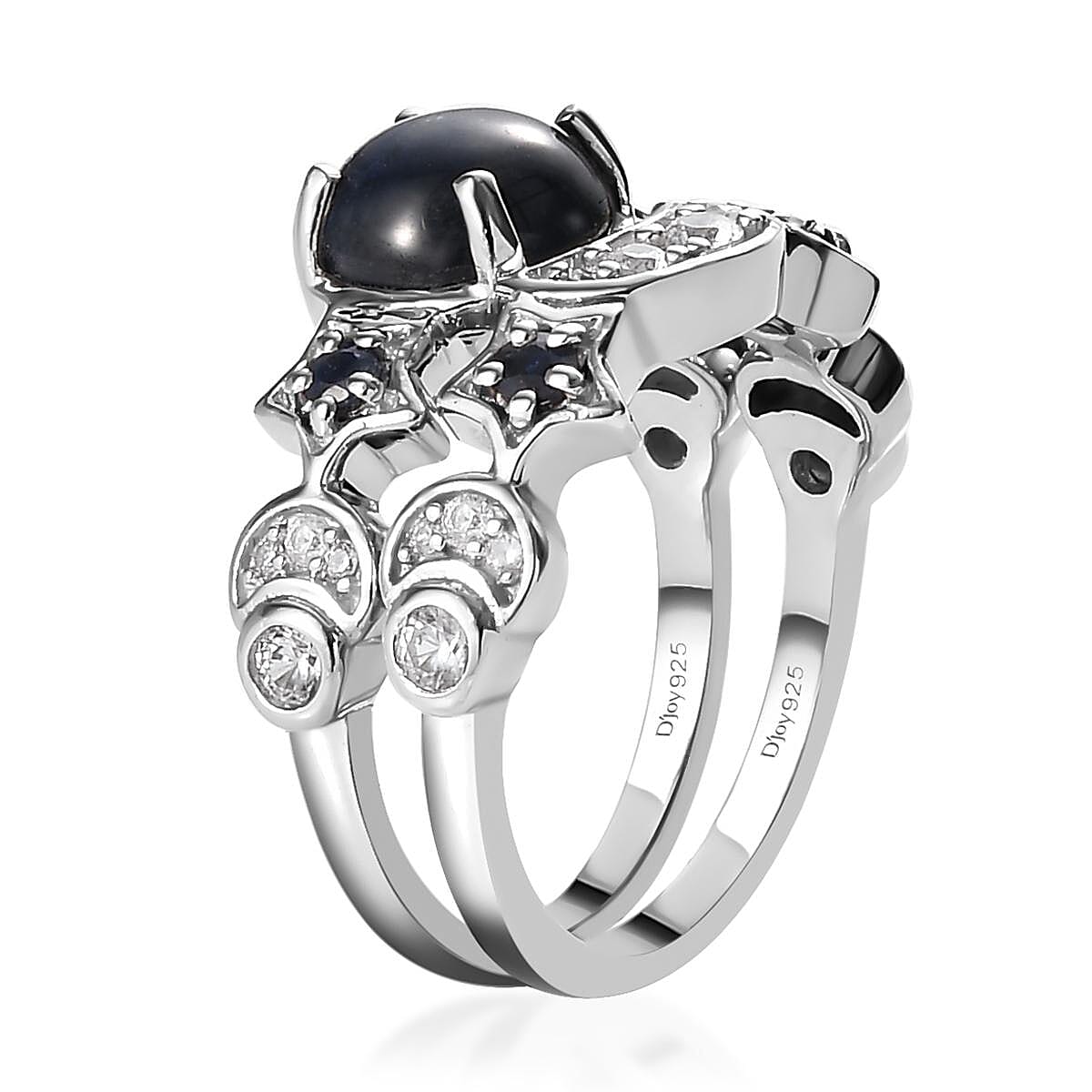 Blue Star Sapphire (DF) and Multi Gemstone Set of 2 Stackable Ring in Platinum Over Sterling Silver (Size 5) 2.85 ctw