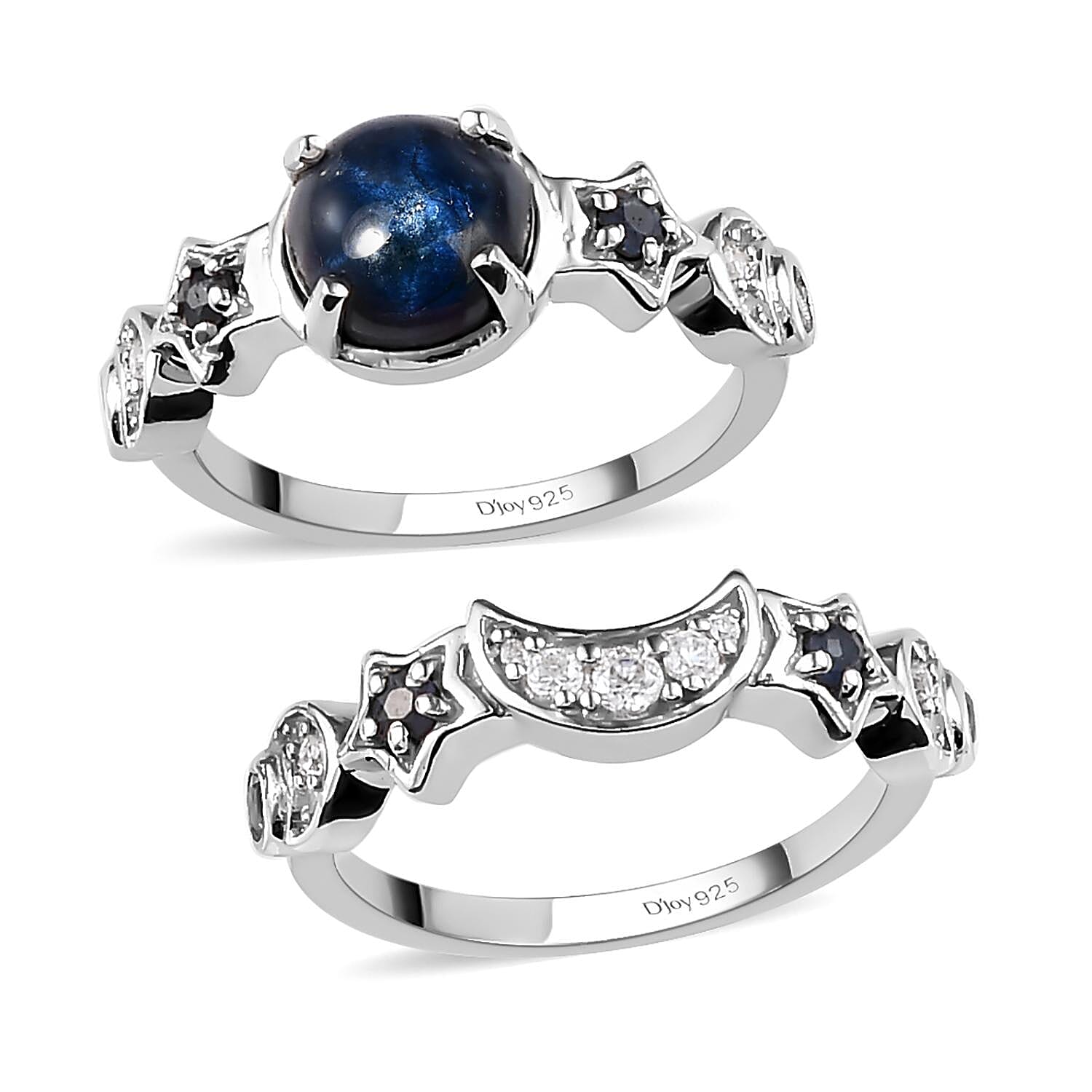 Blue Star Sapphire (DF) and Multi Gemstone Set of 2 Stackable Ring in Platinum Over Sterling Silver (Size 5) 2.85 ctw