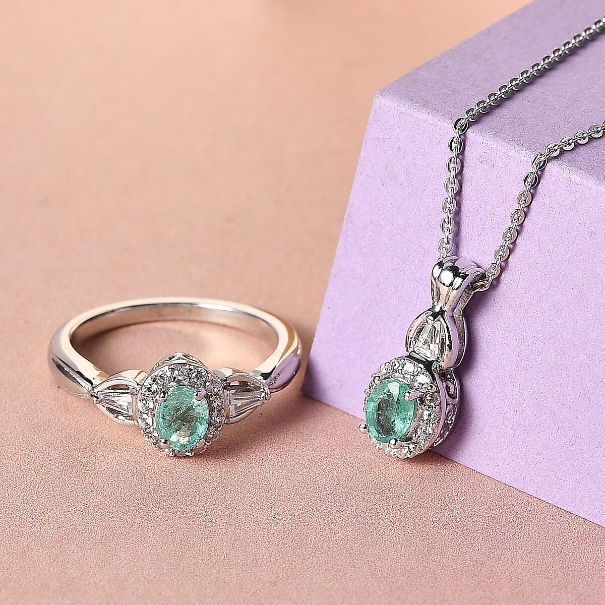 Ethiopian Emerald and Natural White Zircon Halo Ring Pendant Necklace 20 Inches in Platinum Over Sterling Silver 1.10 ctw image number 1