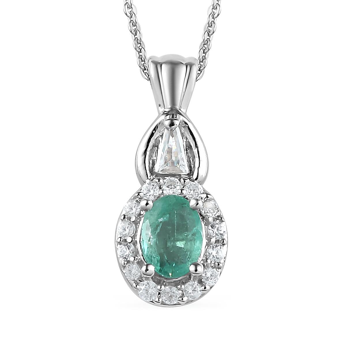 Ethiopian Emerald and Natural White Zircon Halo Ring Pendant Necklace 20 Inches in Platinum Over Sterling Silver 1.10 ctw image number 5