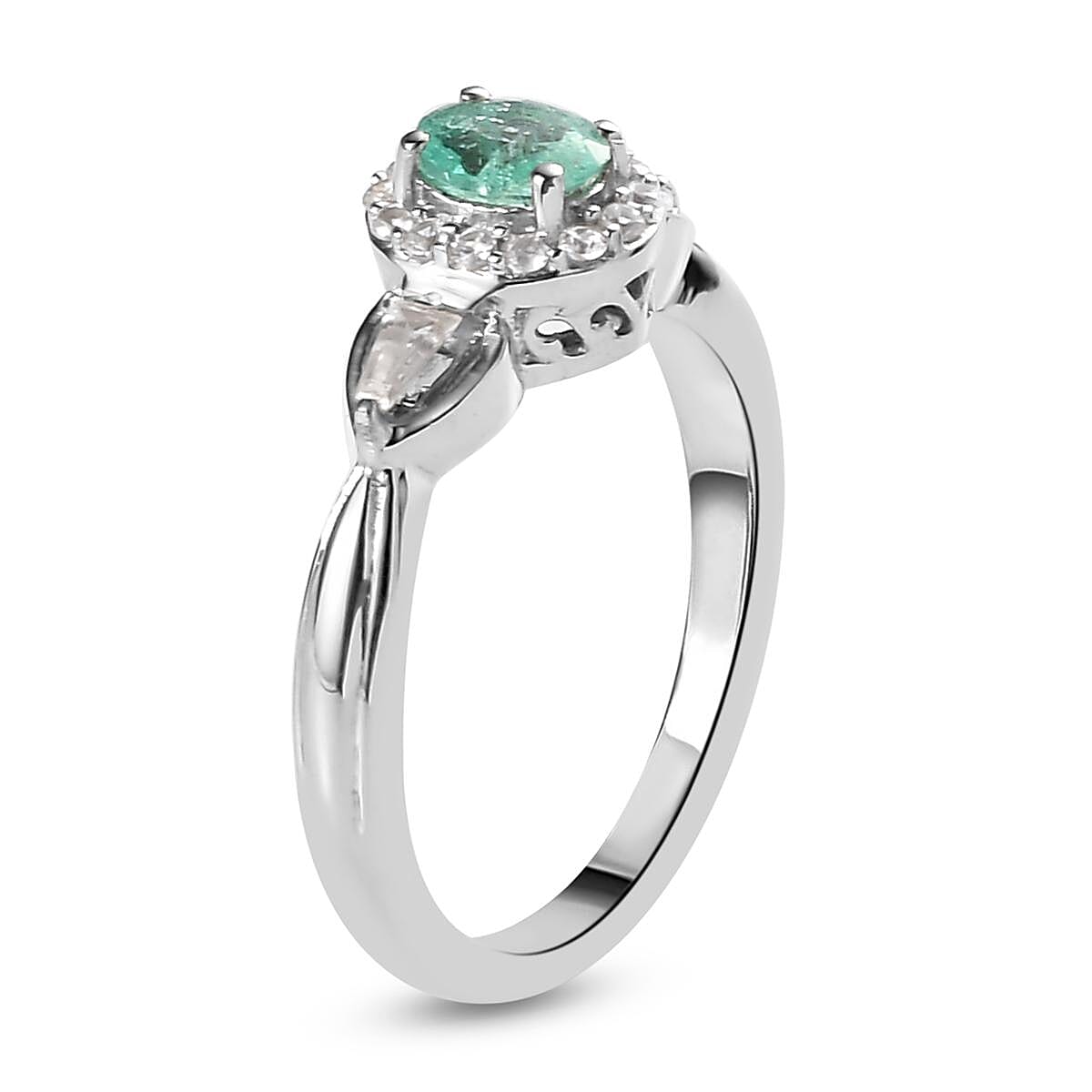 Ethiopian Emerald and White Zircon Halo Ring (Size 6.0) and Pendant Necklace 20 Inches in Platinum Over Sterling Silver 1.10 ctw image number 3