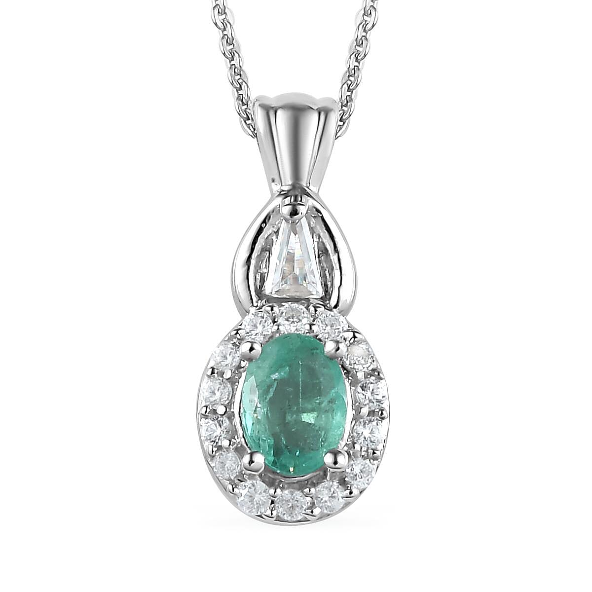 Ethiopian Emerald and Natural White Zircon Halo Ring (Size 9.0) and Pendant Necklace 20 Inches in Platinum Over Sterling Silver 1.10 ctw image number 5