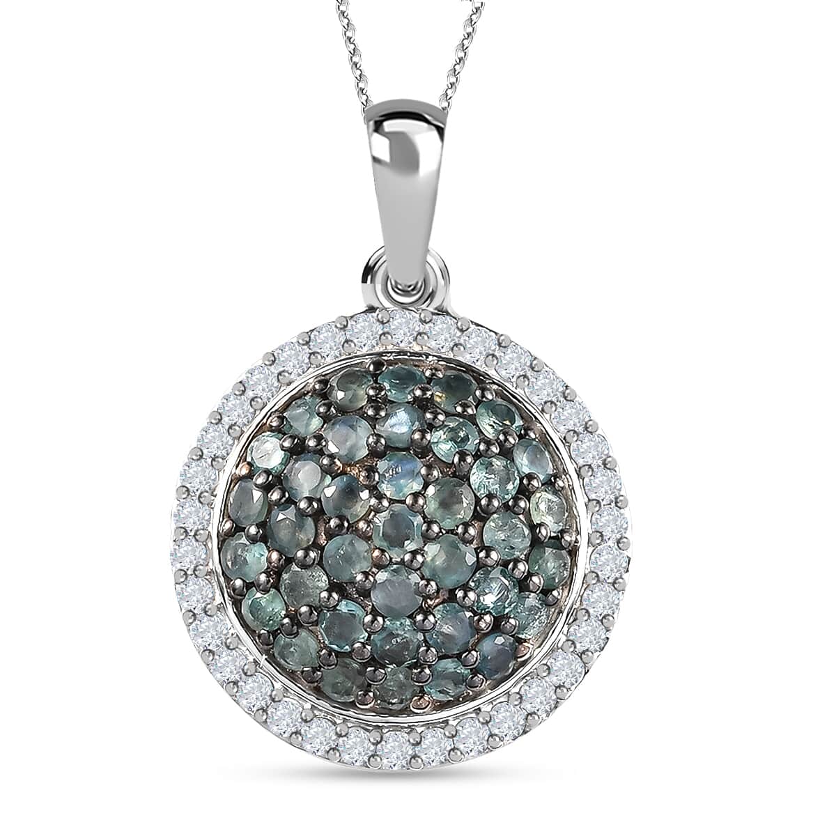 Narsipatnam Alexandrite and White Zircon Round Shape Cocktail Pendant Necklace 20 Inches in Platinum Over Sterling Silver 2.10 ctw image number 0