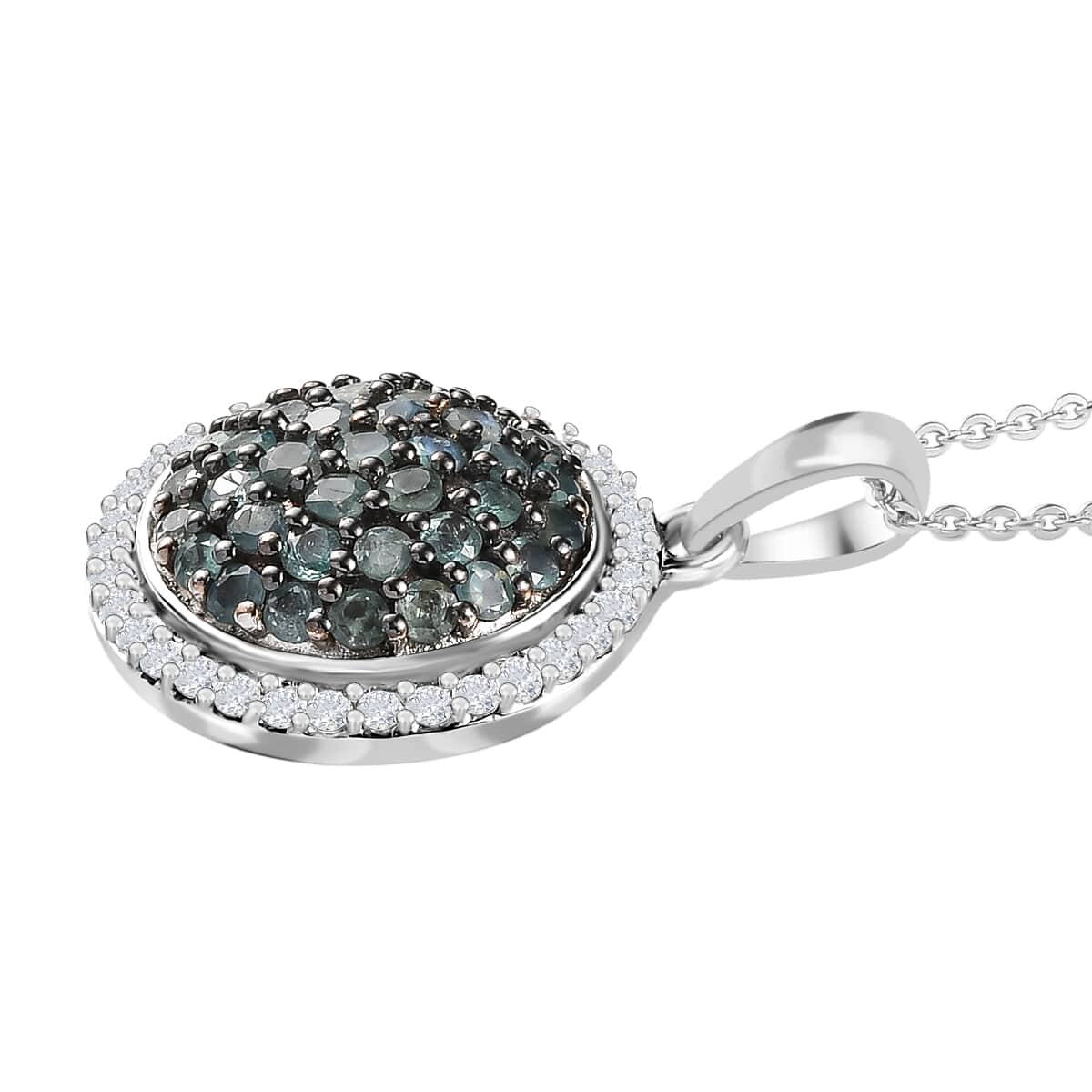 Narsipatnam Alexandrite and White Zircon Round Shape Cocktail Pendant Necklace 20 Inches in Platinum Over Sterling Silver 2.10 ctw image number 3